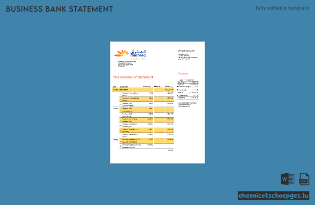 Mashreq Bank Firmenkontoauszug (Word- und PDF-Beispiel)